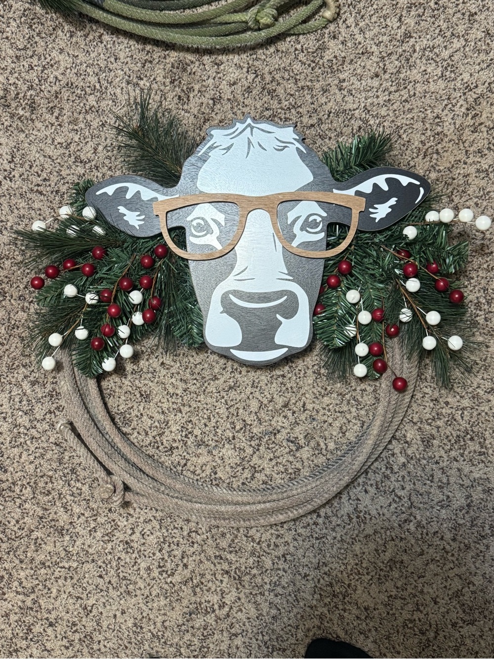 Black Cow Head Wall Accent with Glasses and Berry Trim - Home Accents